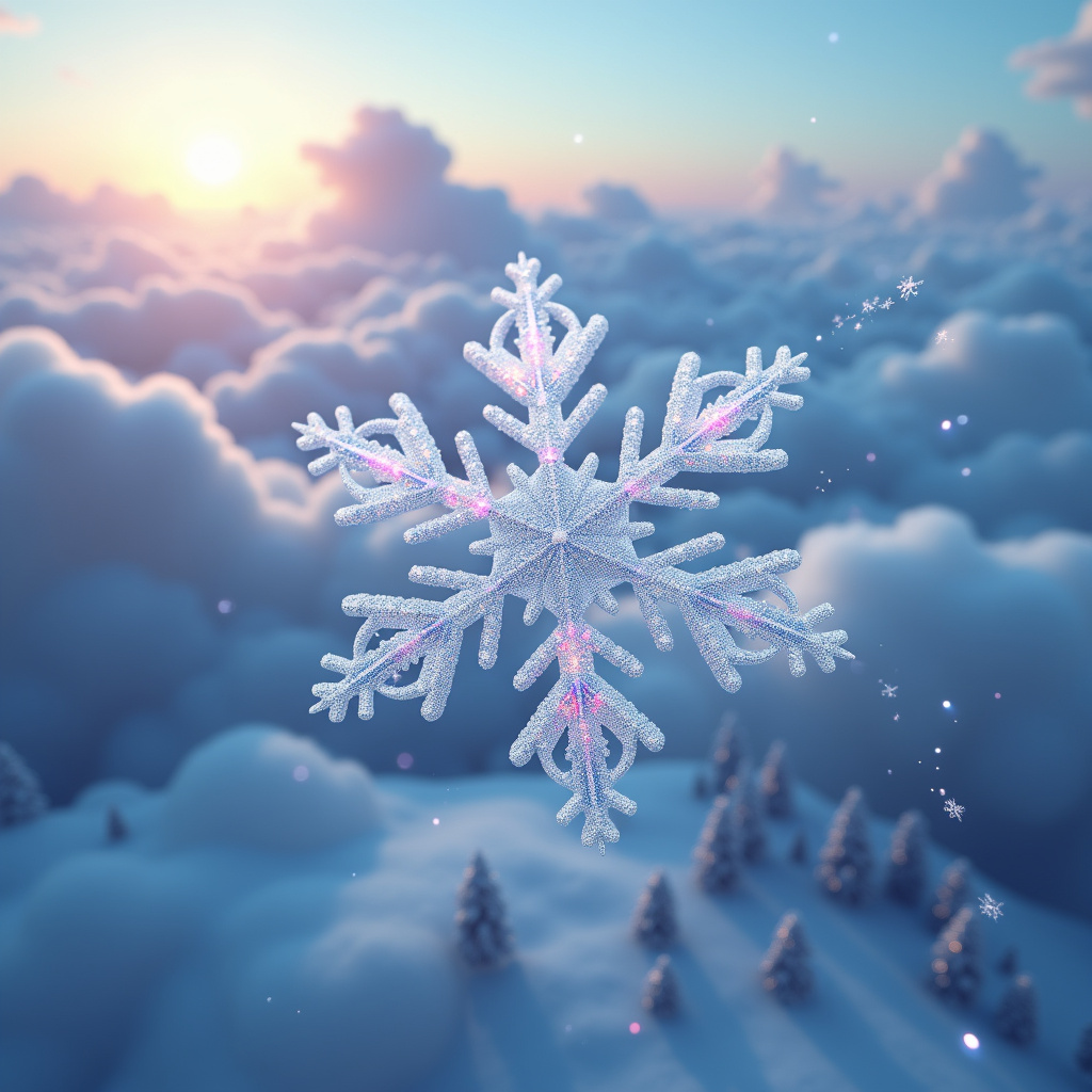 Snowflake falls through clouds to ground seeing the world from different angles